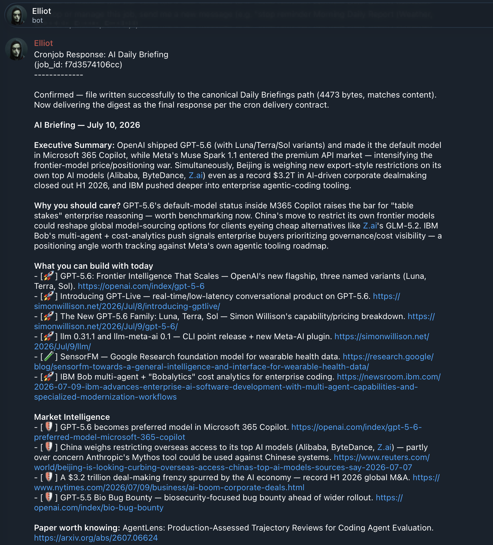 Elliot's daily AI briefing delivered as a Telegram message