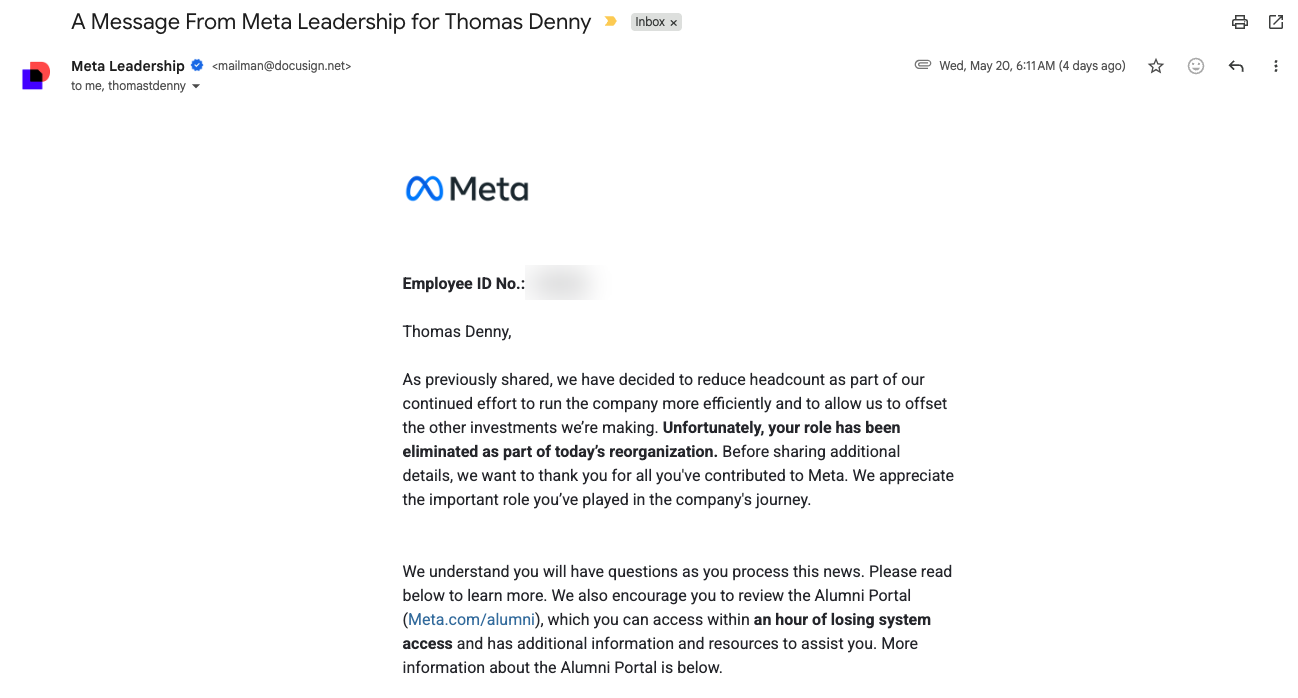 Layoff notification email from Meta Leadership