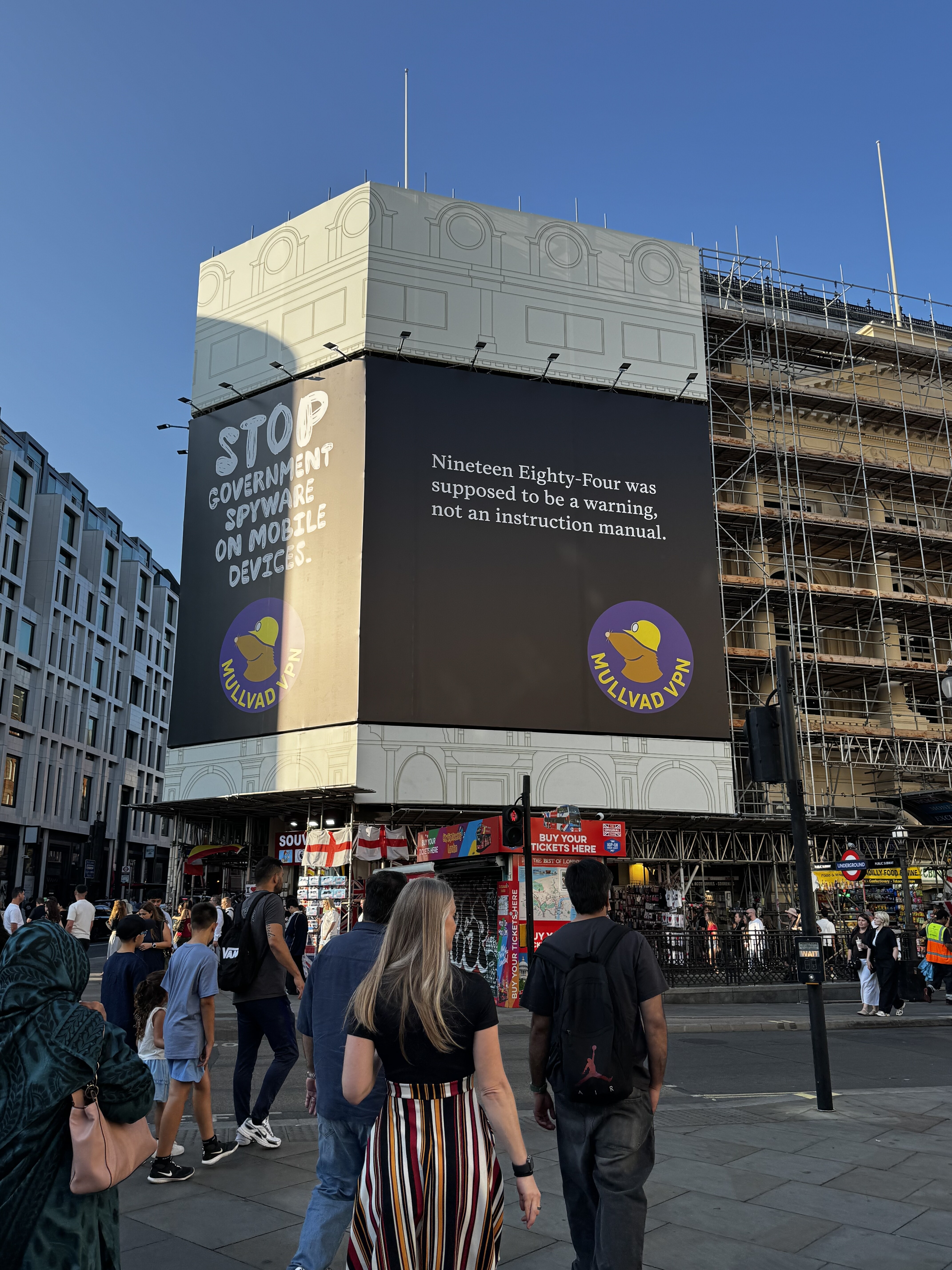 A Mullvad VPN ad in London reading 'Nineteen Eighty-Four was supposed to be a warning, not an instruction manual'